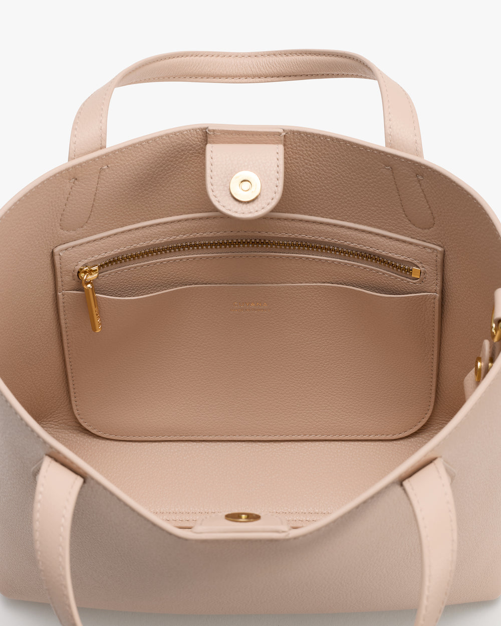 Open tote bag with interior pocket and snap button.