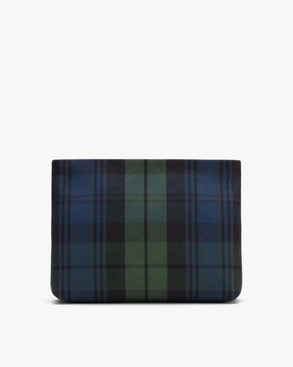Plaid patterned rectangular bag viewed from the side.