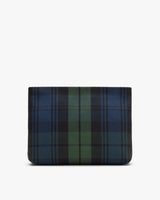 Plaid patterned rectangular bag viewed from the side.