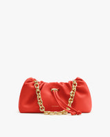 Small handbag with a chain strap and drawstring closure.