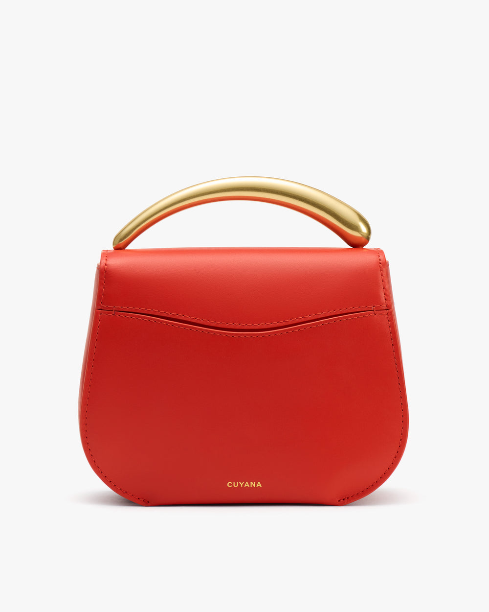 A handbag with a curved handle and a small logo on the front.