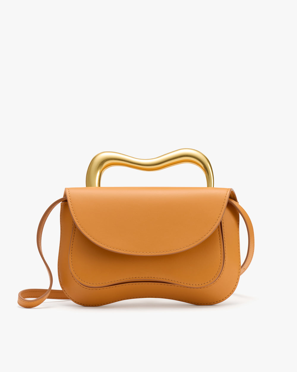 Handbag with wavy metallic handle and curved flap design.