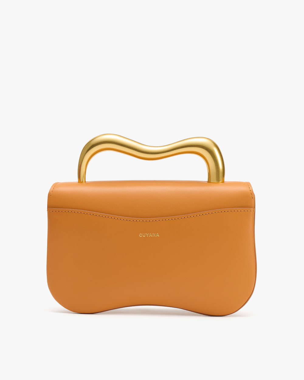 Handbag with wavy handle on white background.