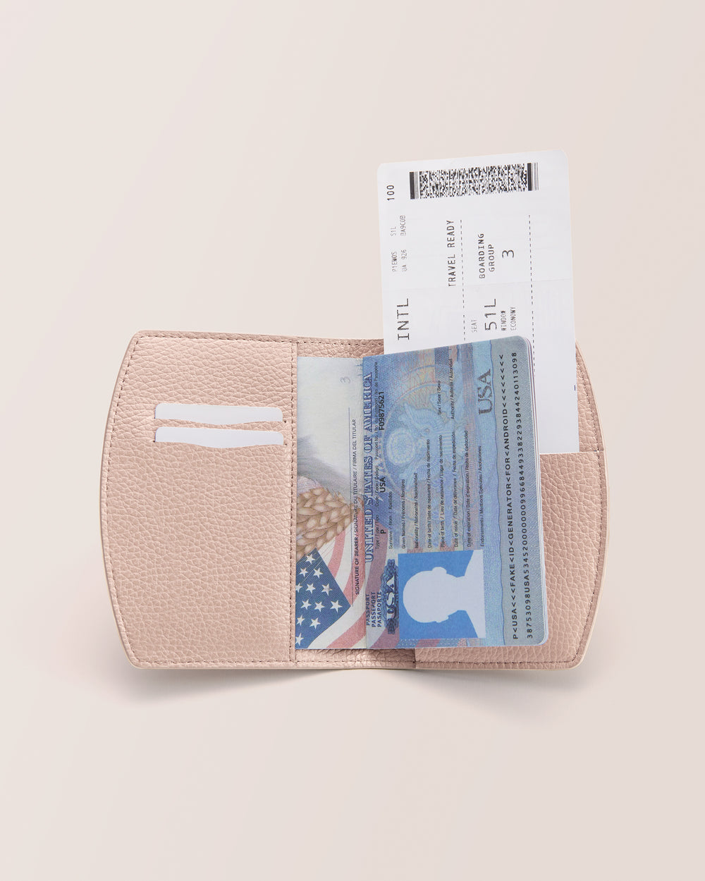 Open passport holder with passport and boarding pass inside