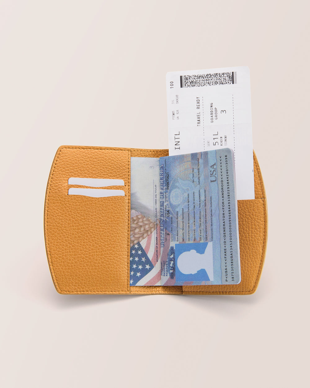 Open passport holder with passport and boarding pass inside