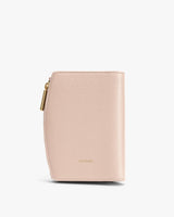 Rectangular textured wallet with a zip closure on a plain background.