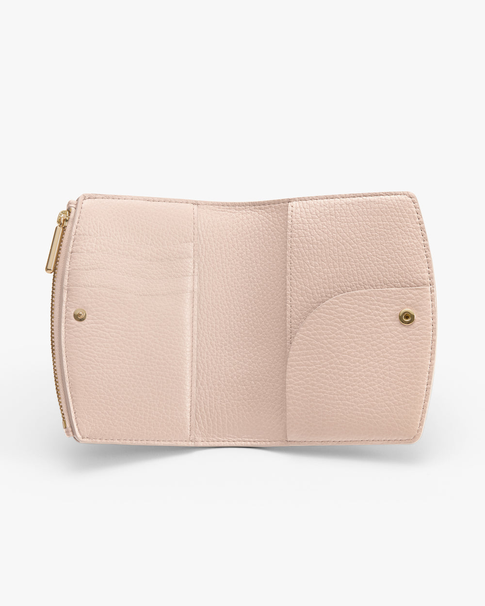 Open wallet with multiple pockets and a zipper closure.