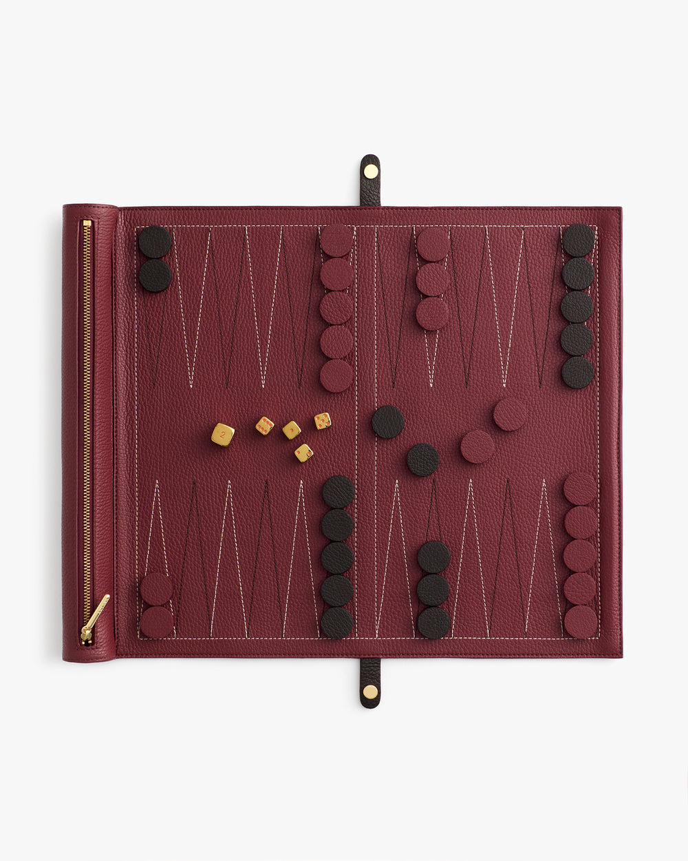 Backgammon set with rolled board showing arranged pieces and dice.