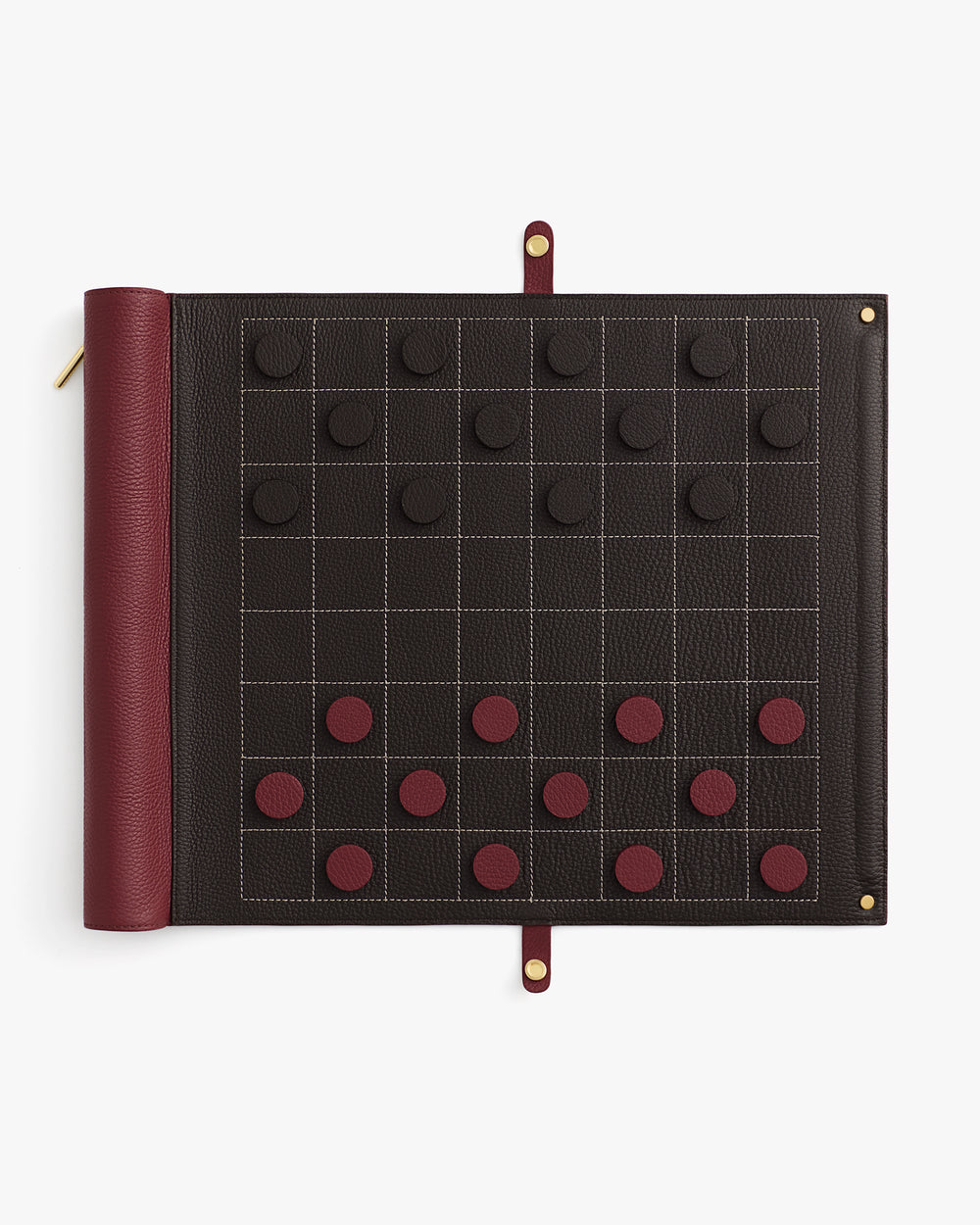 Roll-up checkers board with pieces arranged in starting position