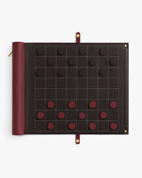 Roll-up checkers board with pieces arranged in starting position