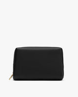 A small rectangular leather pouch with a zipper on the corner.