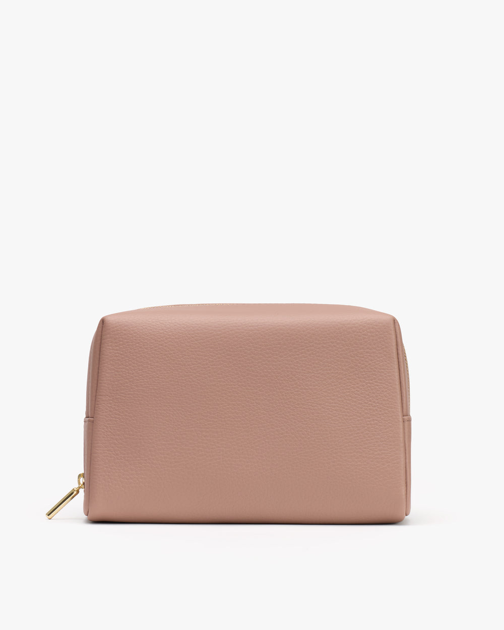 Rectangular cosmetic bag with a zipper on a plain background.