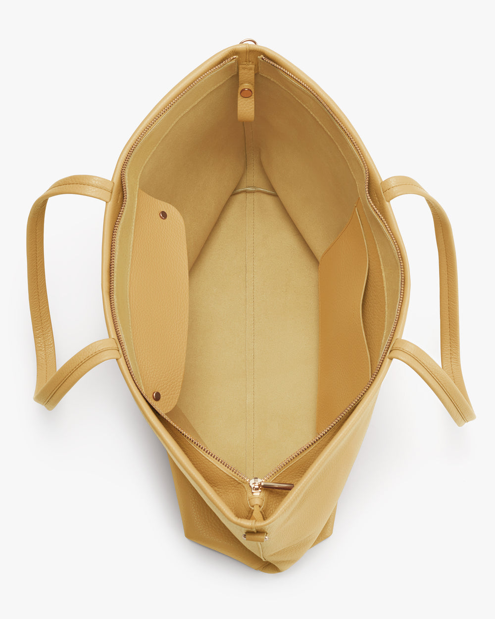 Open handbag with two internal pockets and a zipper closure.