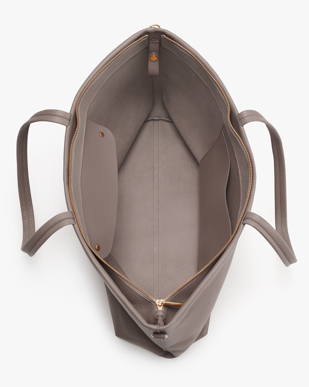 Open tote bag with zipper and inner pocket, handles on each side.