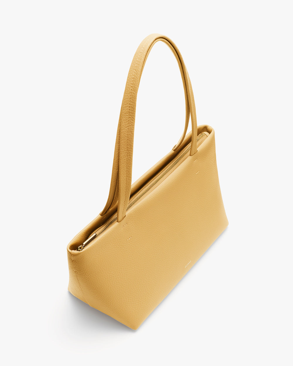 Rectangular handbag with long handles on a plain background.