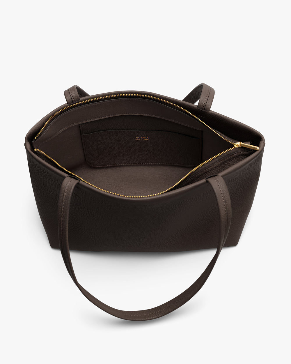 Open tote bag with zipper and interior pocket visible