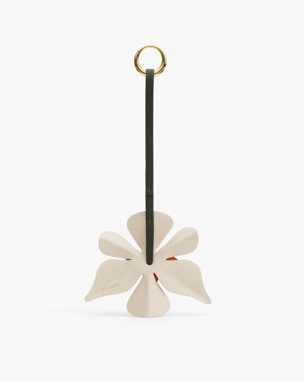 Flower-shaped keychain with a ring and strap attached.