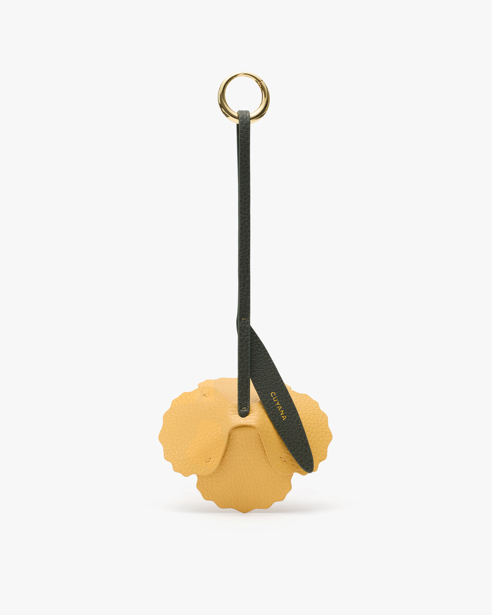 Leaf-shaped keychain with long strap and ring.