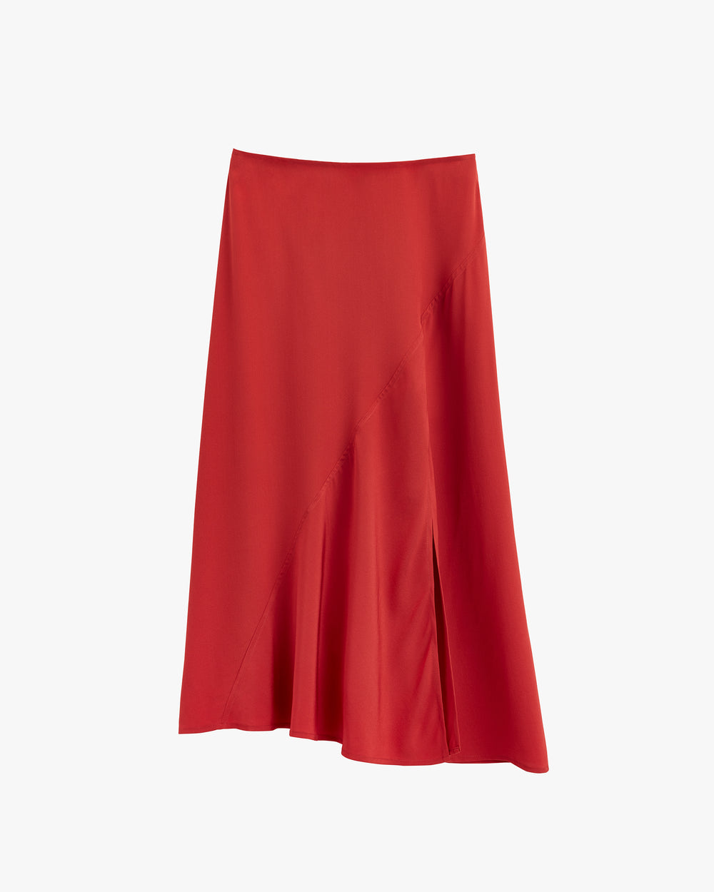 Long skirt with an asymmetrical hem and a side slit.