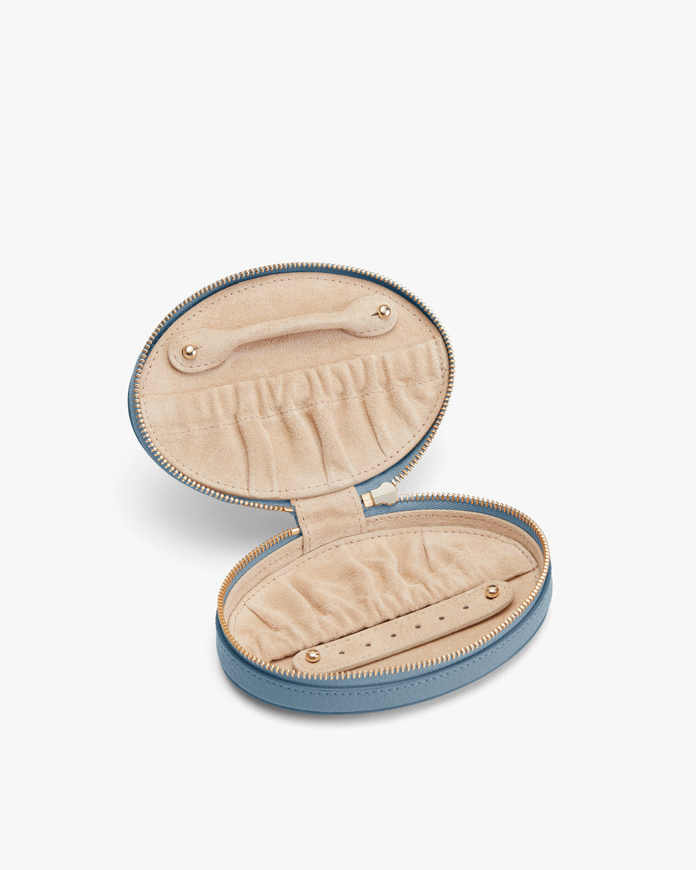 Oval jewelry case with open lid and zipper closure.