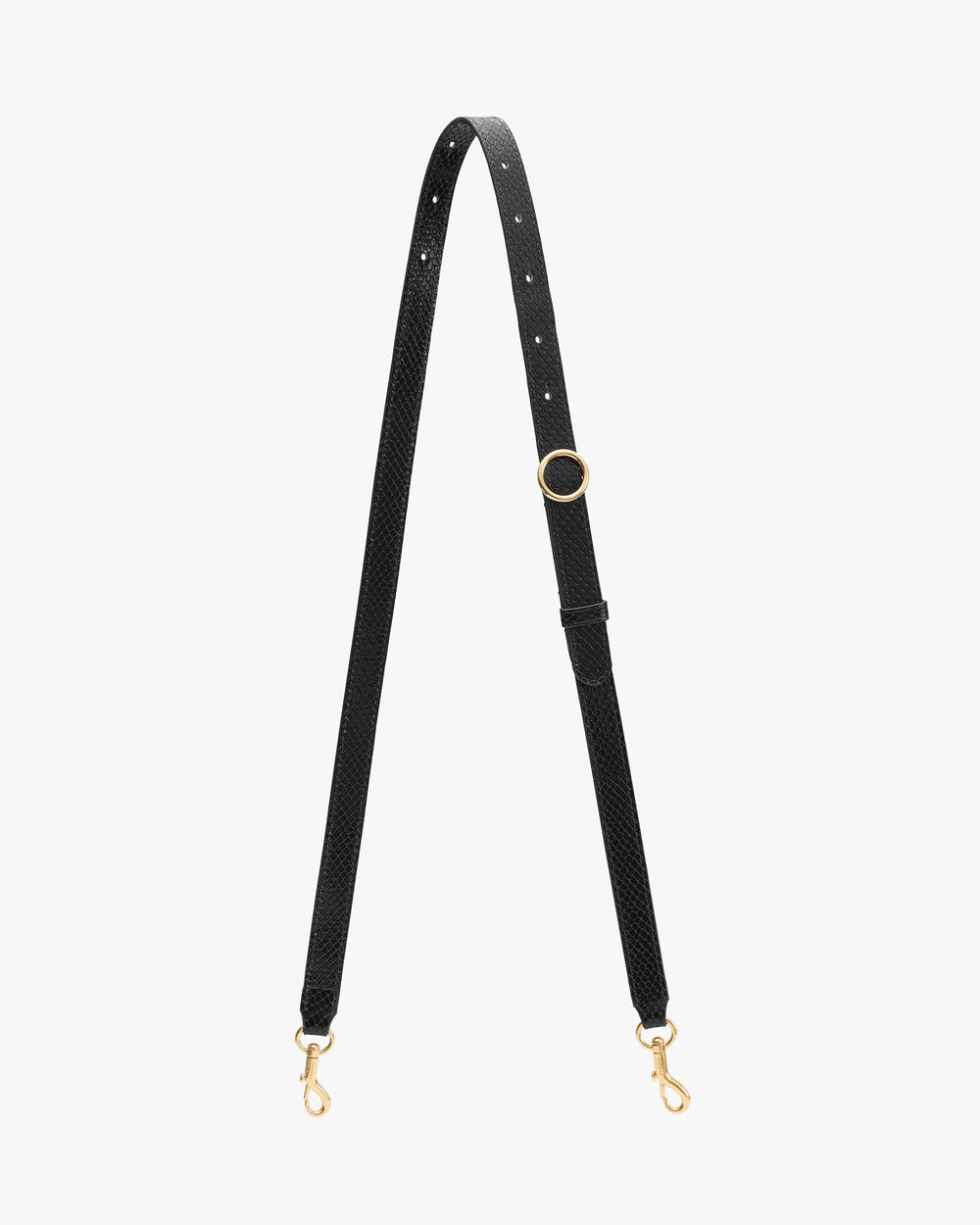 Adjustable bag strap with metal clasps on both ends.