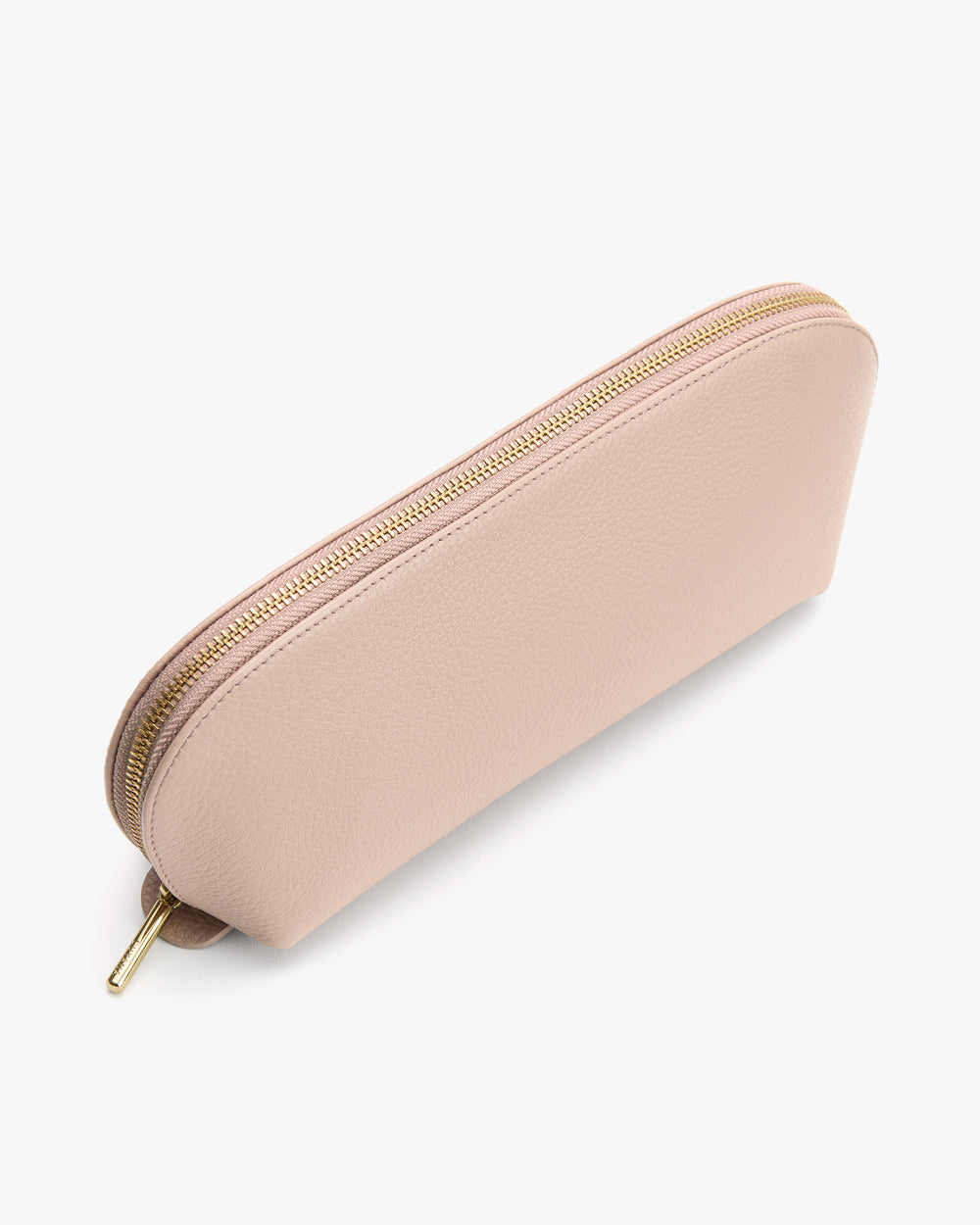 Slim zippered pouch with rounded edges and textured surface.