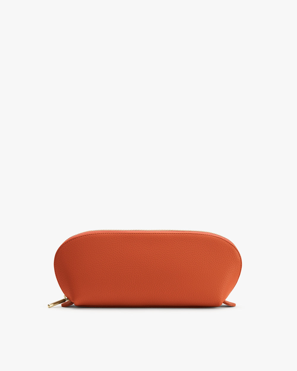 Oval-shaped zippered pouch on white background.