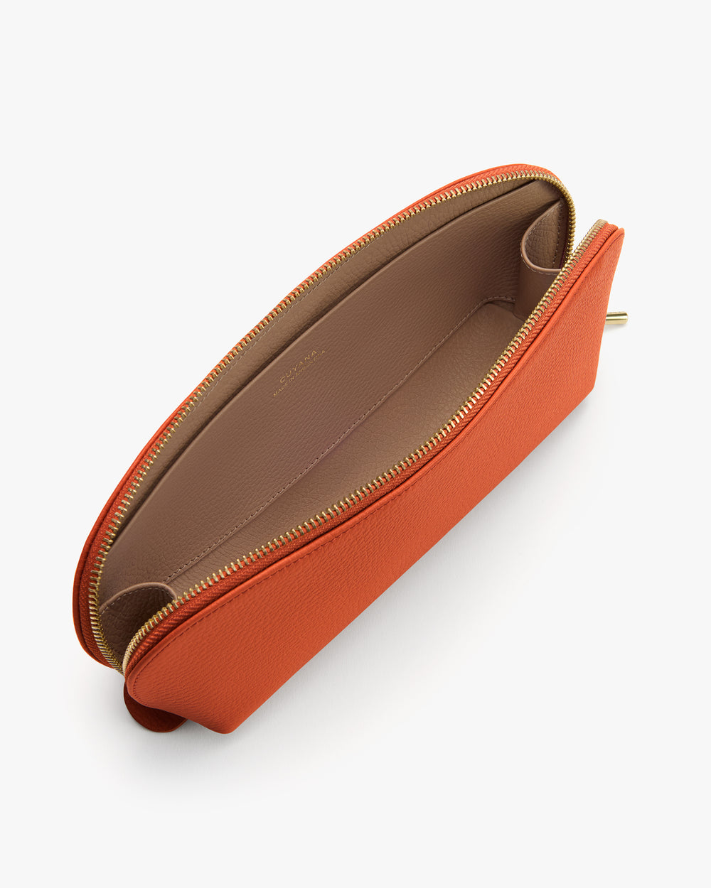 Open zippered pouch bag with inner compartment visible.