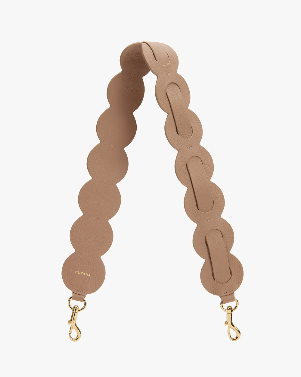 Bag strap with circular loops and metal clips.