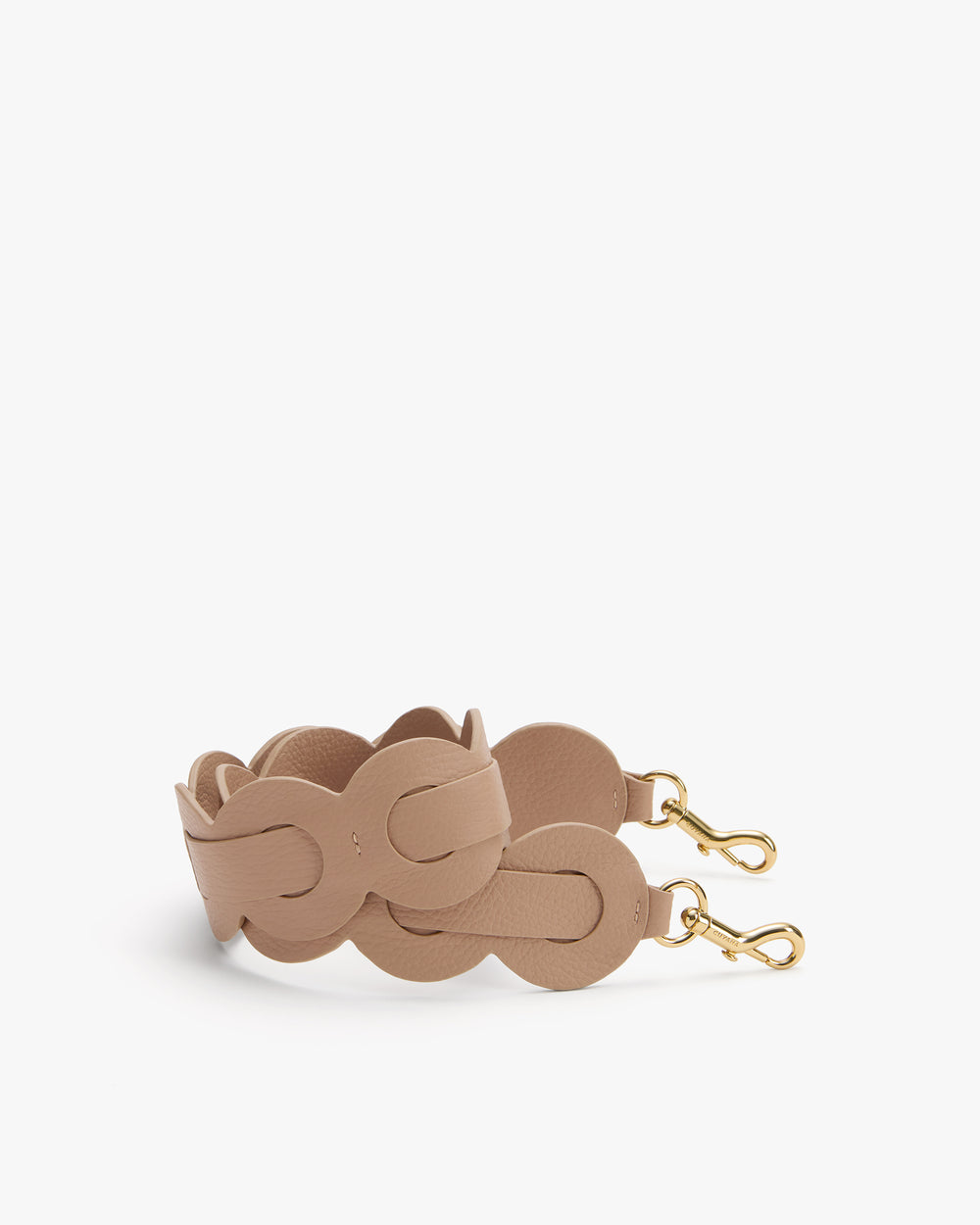 Scalloped shoulder strap with gold clasps.