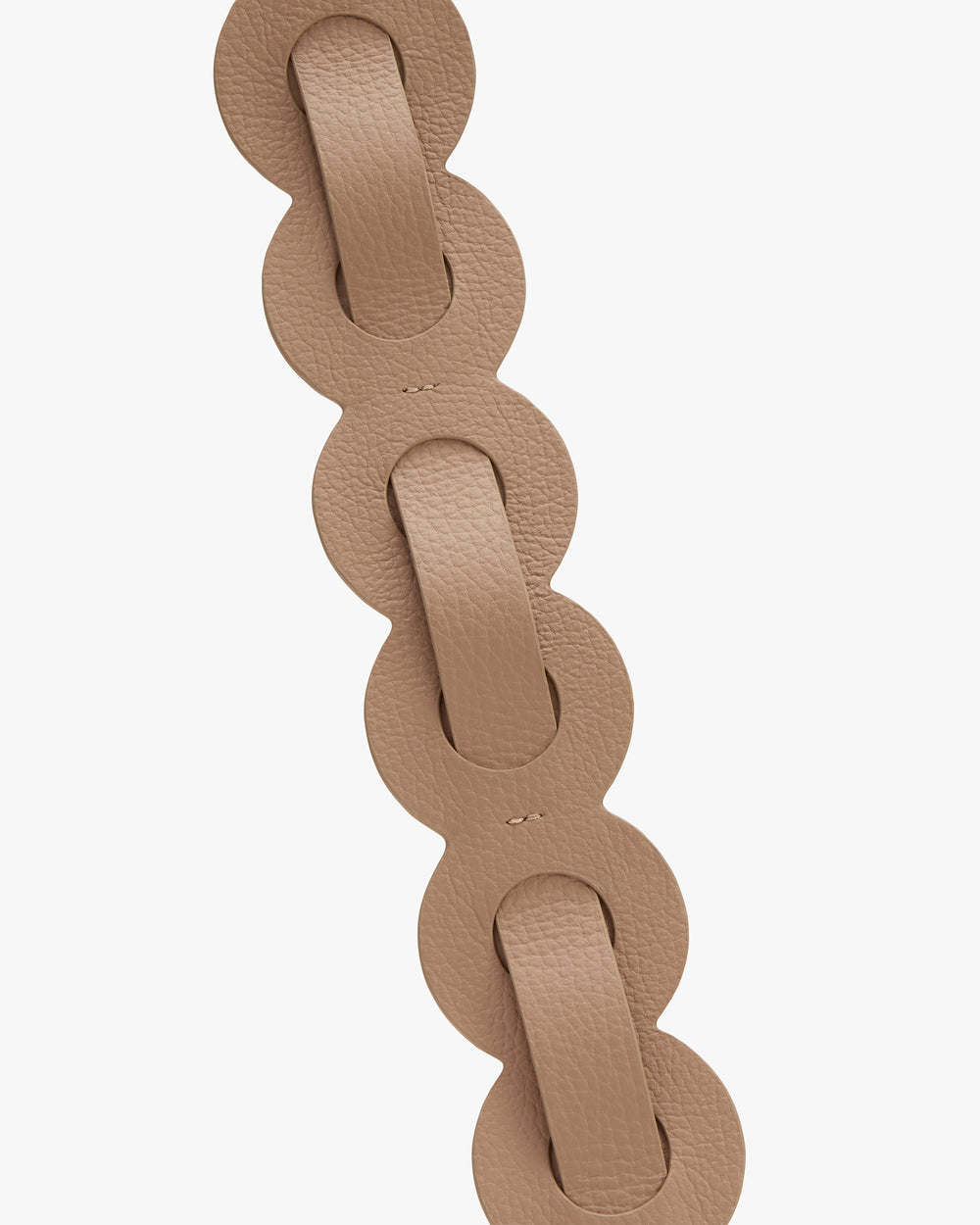 Close-up of interlocking circular pieces forming a chain or strap.