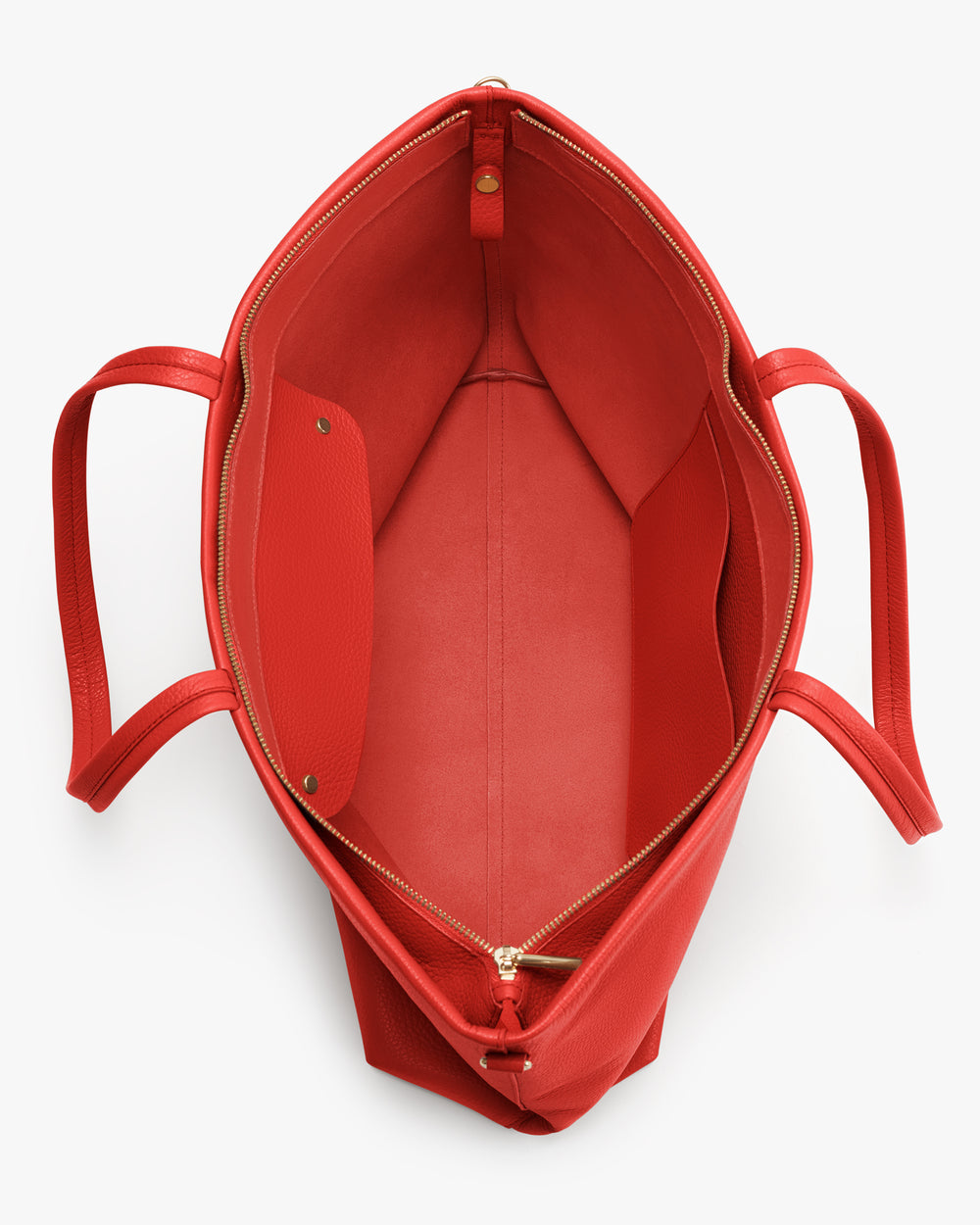 Open tote bag with a zippered pocket inside and two handles.