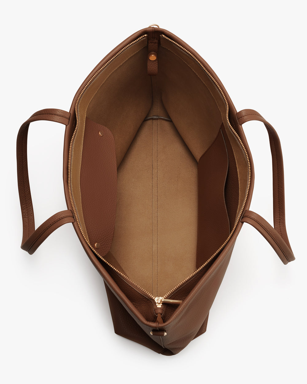 Open tote bag with interior compartments and handles.