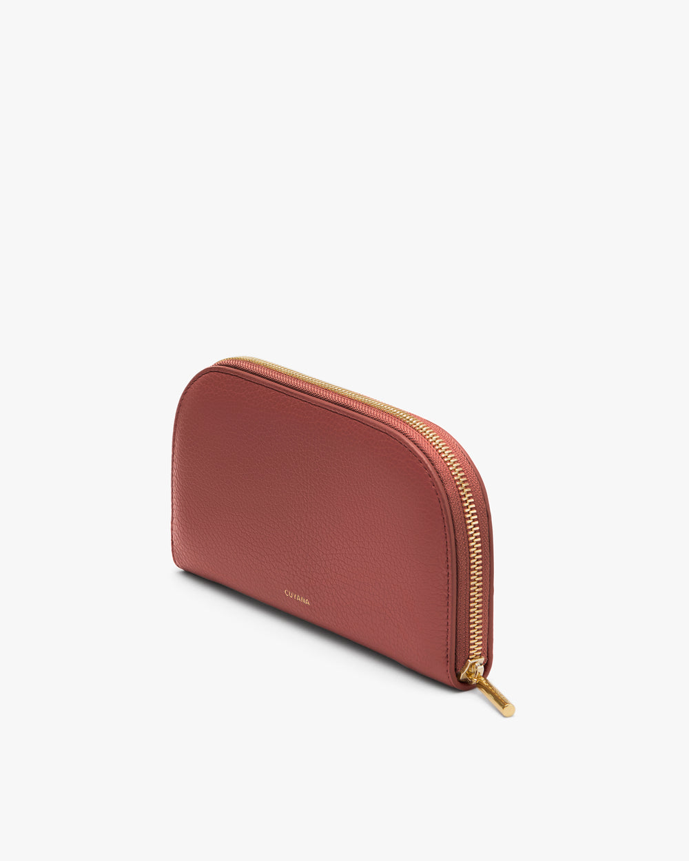 A clutch handbag with a zipper closure.