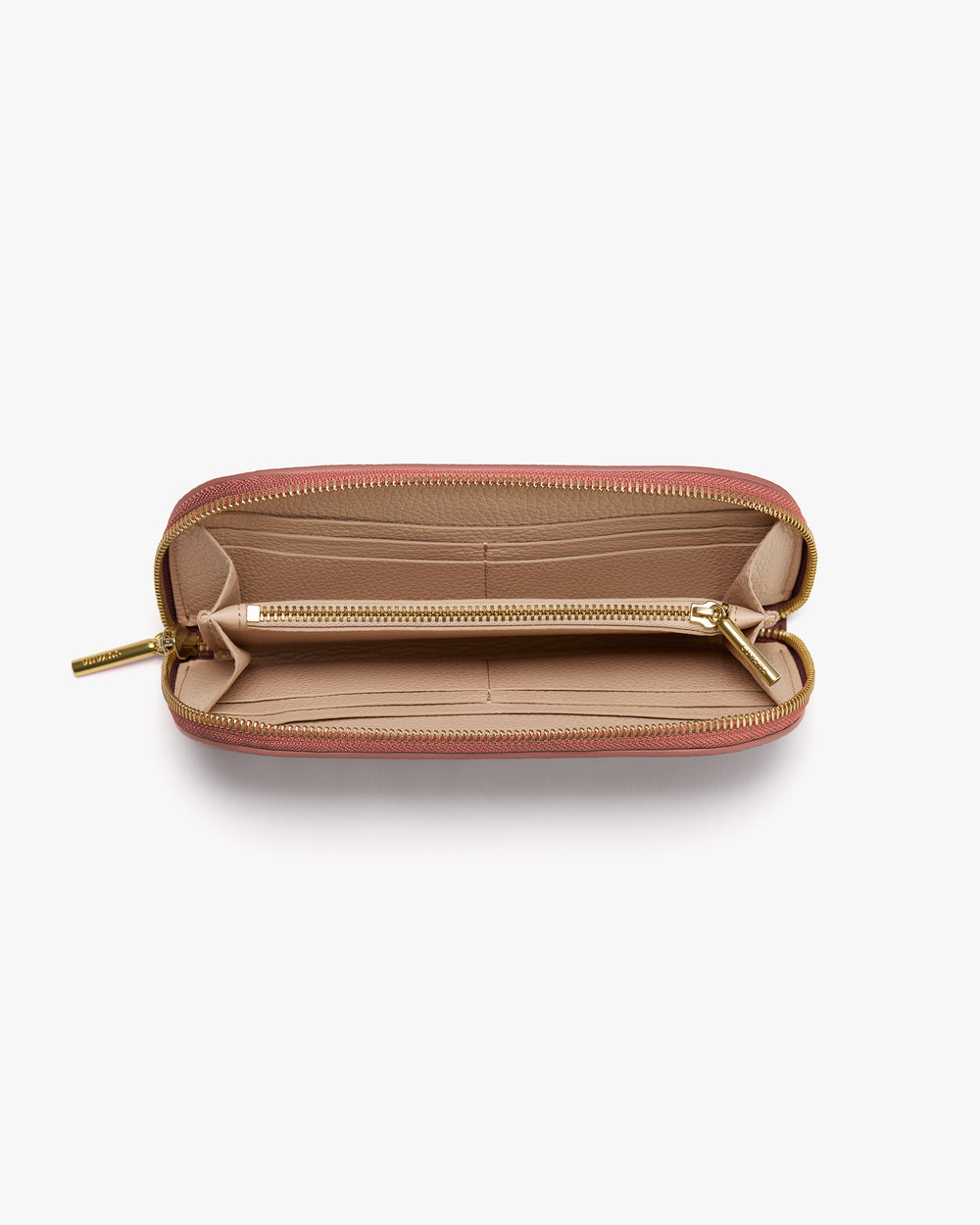 Open wallet with multiple compartments and two zippers.