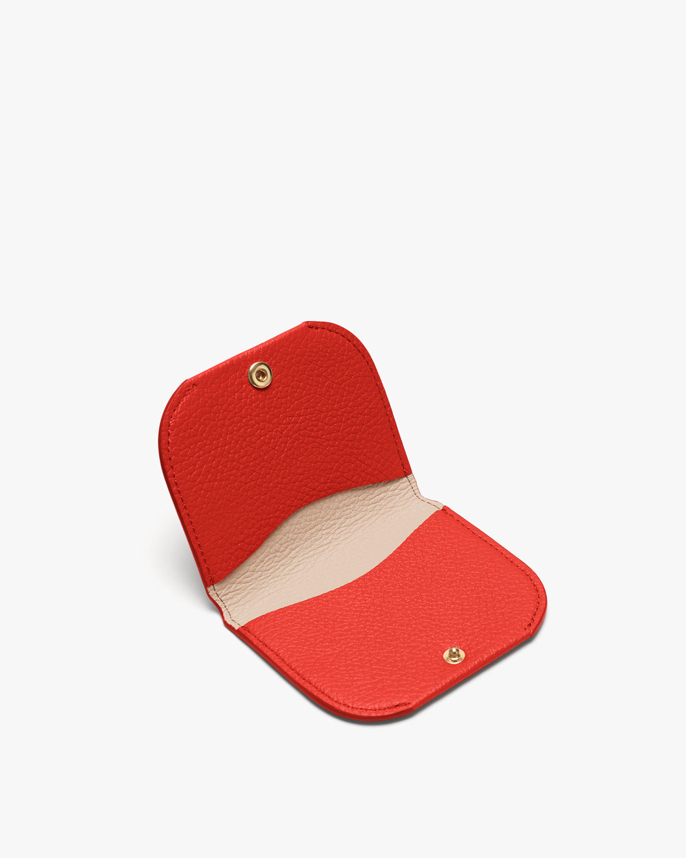Small open leather card wallet with a button snap closure.