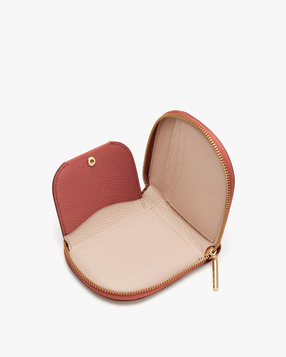 Open small leather zip wallet with button snap closure.