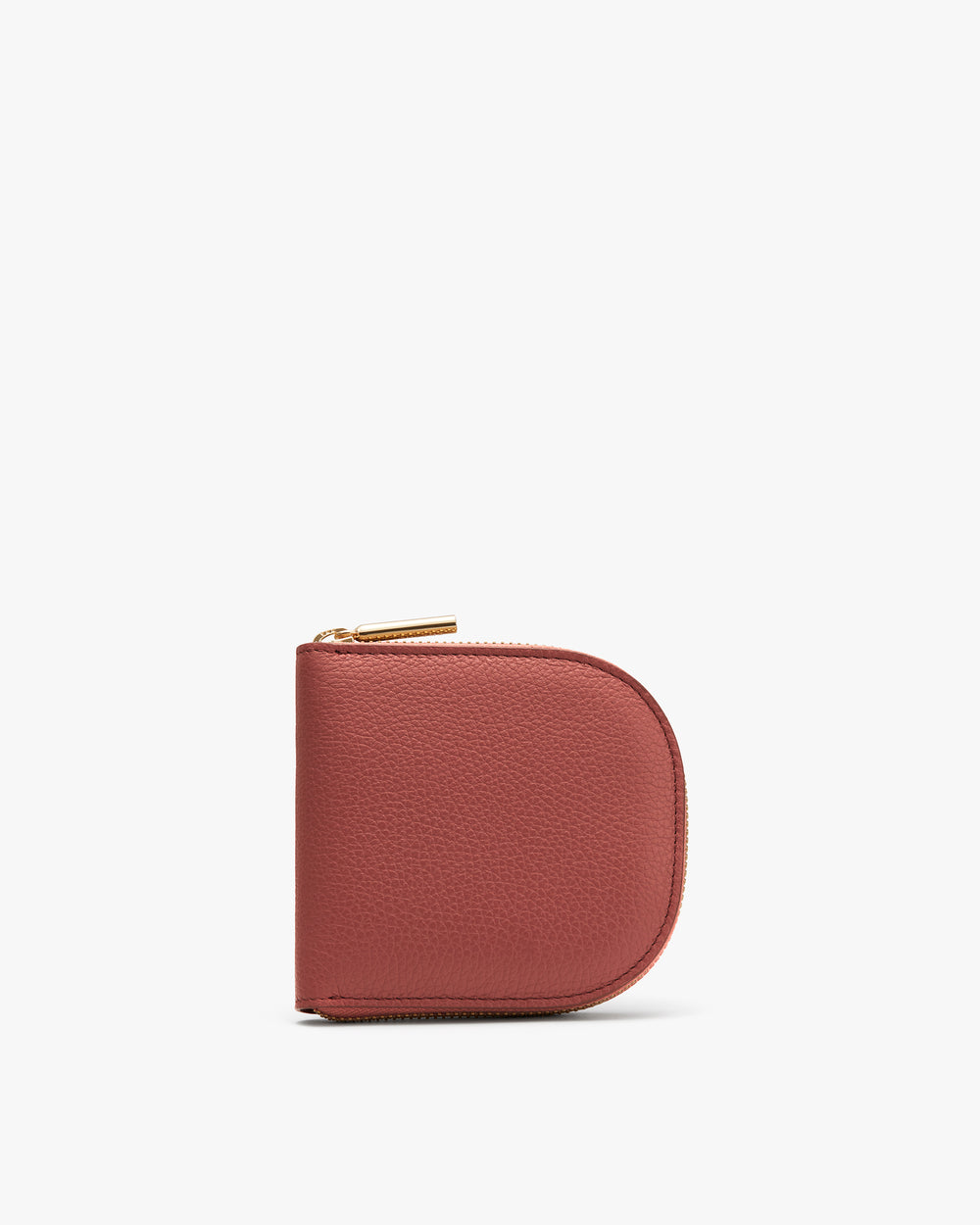 Small zippered wallet with a rounded corner on a plain background.
