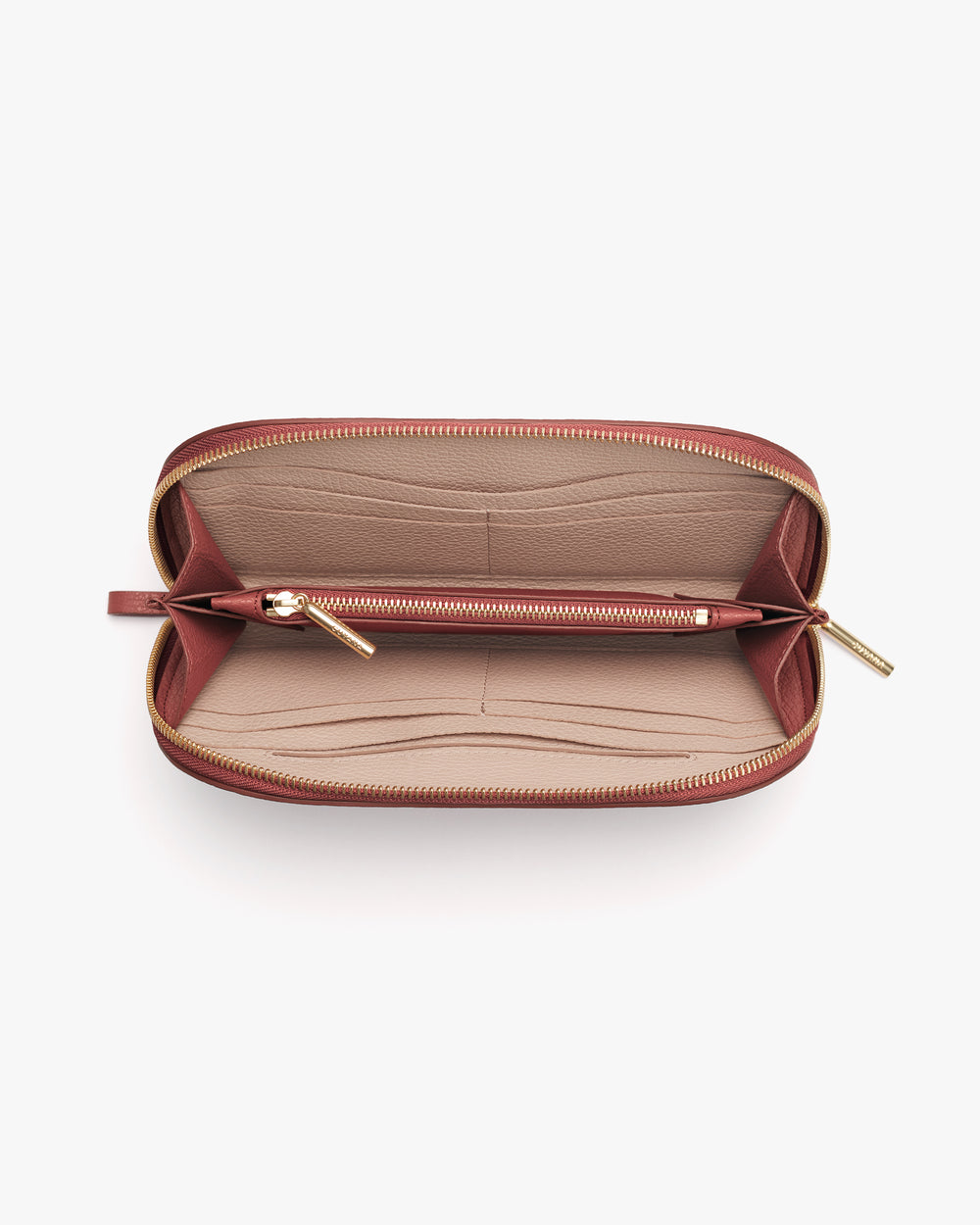 Open wallet showing card slots and zippered compartment.