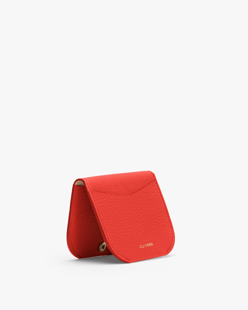 Small leather wallet standing upright on a plain background.