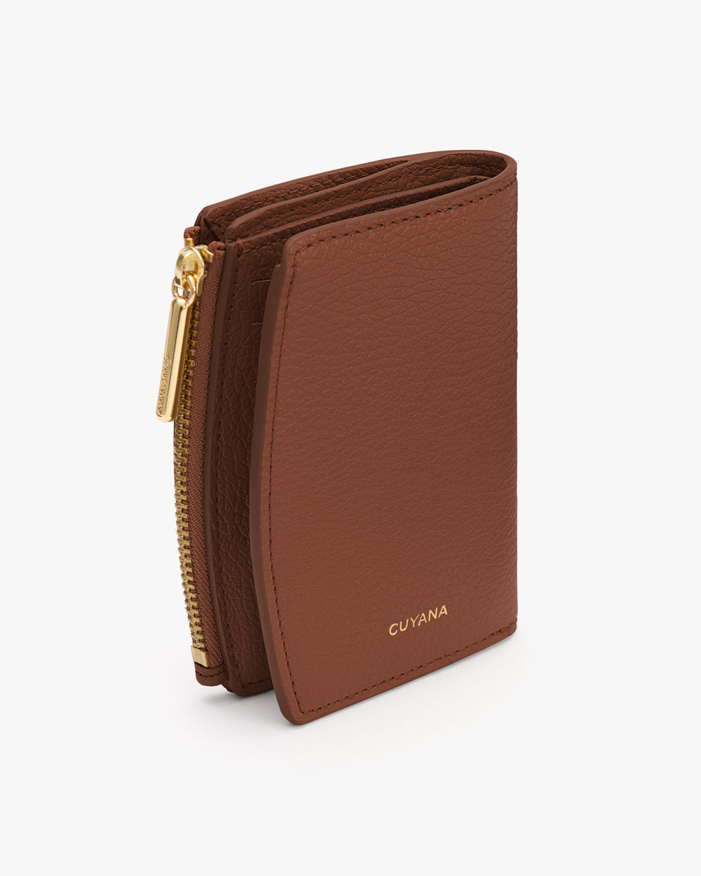 Compact wallet with zip and embossed brand logo.