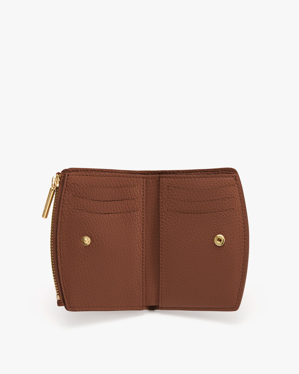 Open wallet with card slots and button closure.