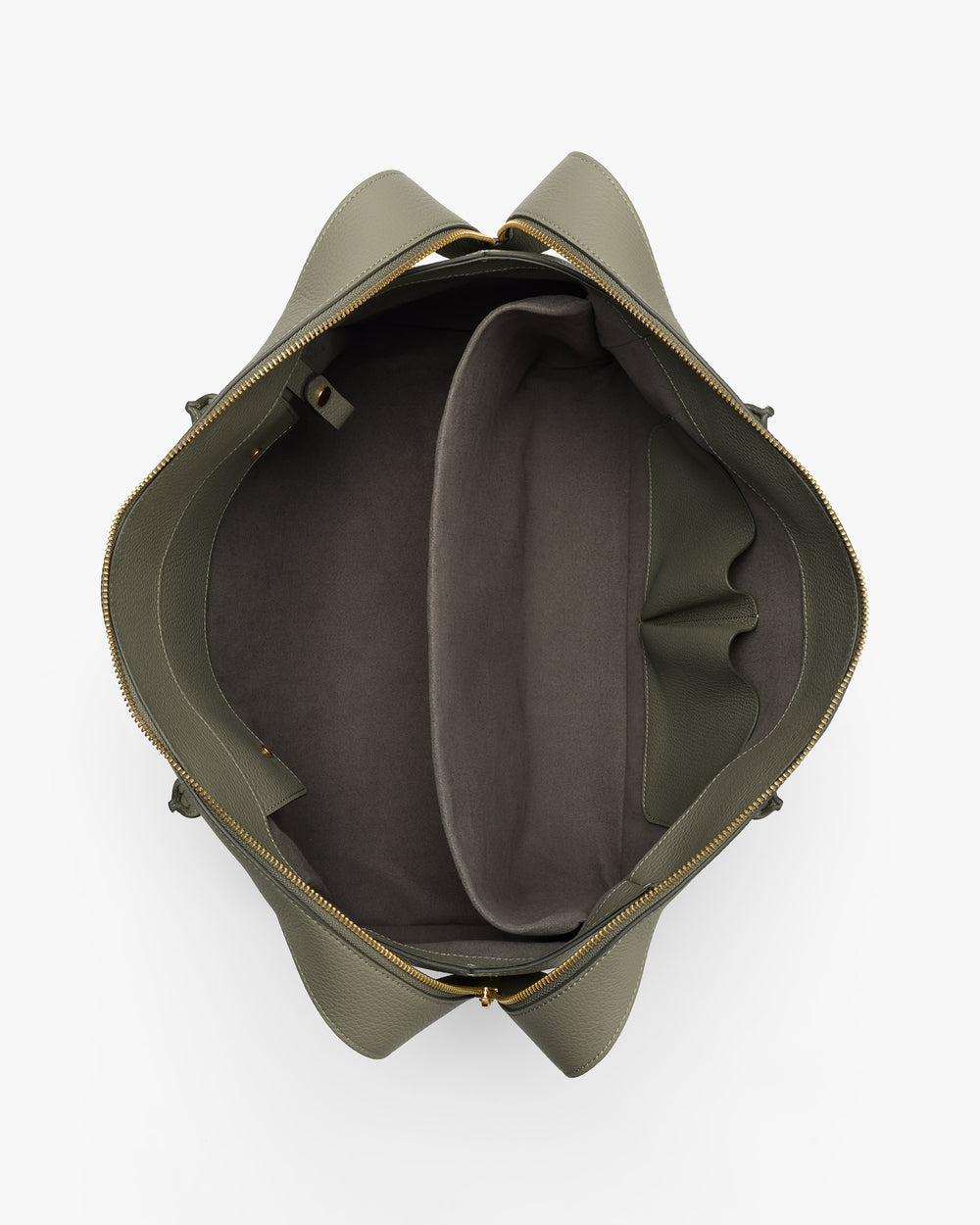 Open travel bag with interior compartments and zipper.