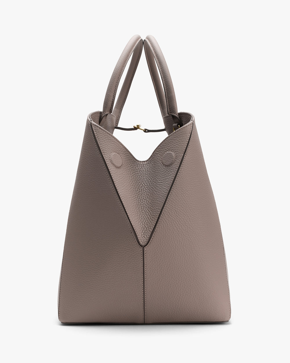 Modern handbag with top handles and triangular fold detail.
