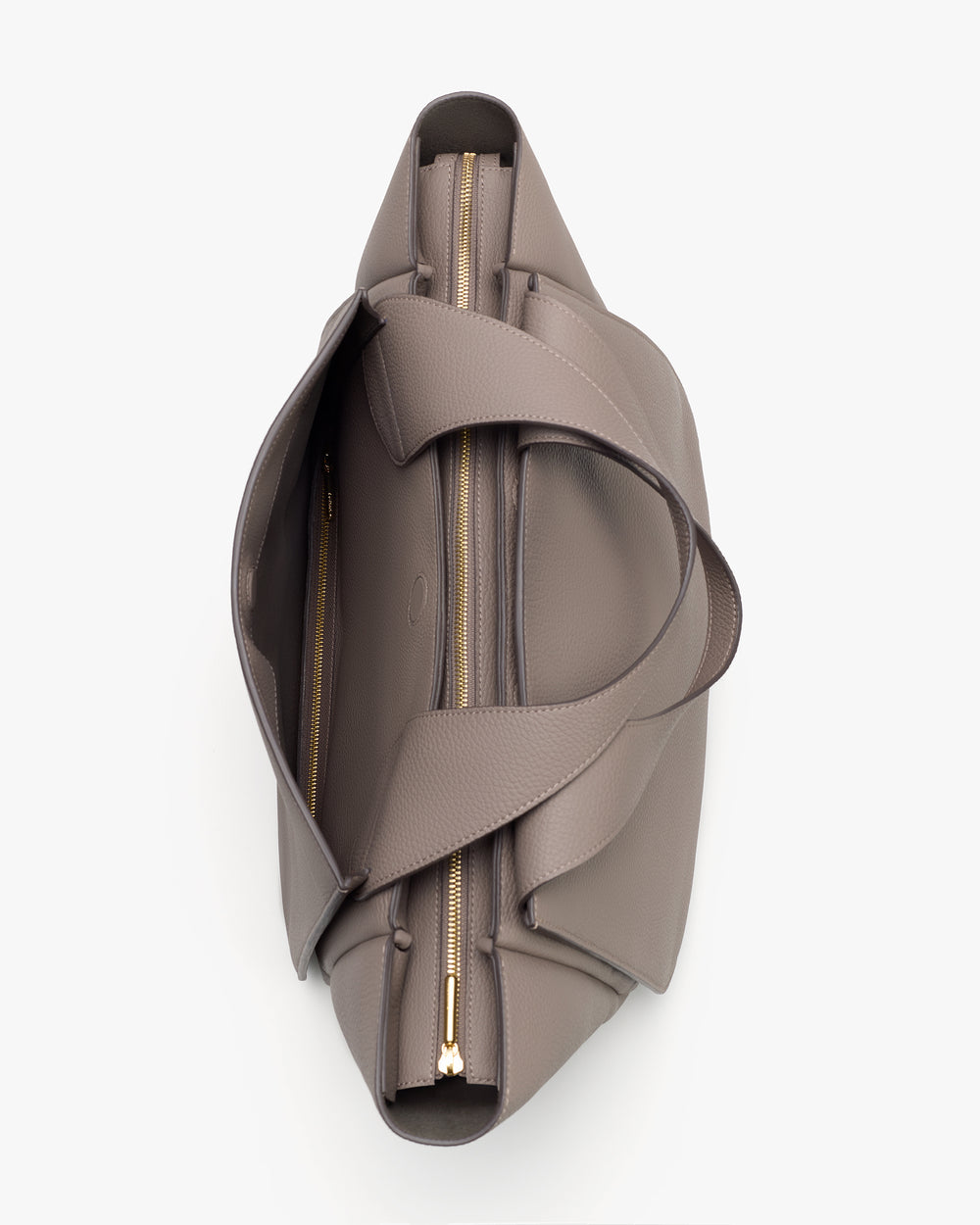 Top view of a travel bag with a zippered opening and two handles.