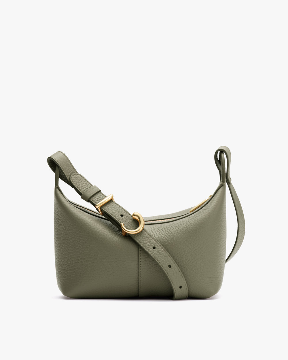 Shoulder bag with a curved shape and adjustable strap.