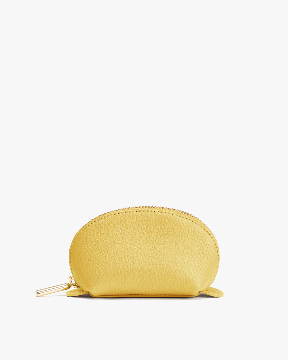 Small half-circle pouch with a zipper on a plain background.
