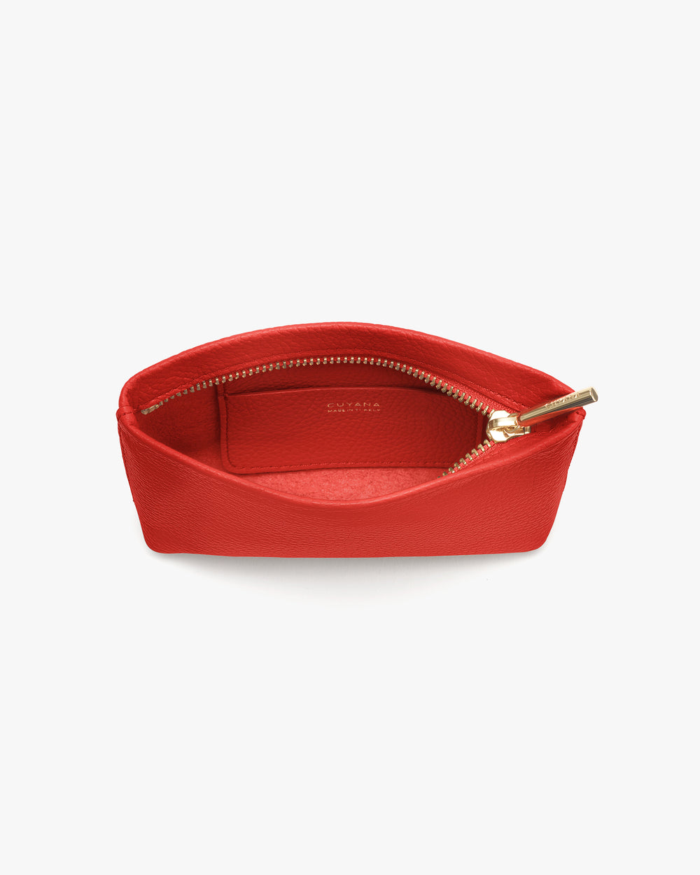 Open zippered pouch with visible interior pocket and a zipper pull.