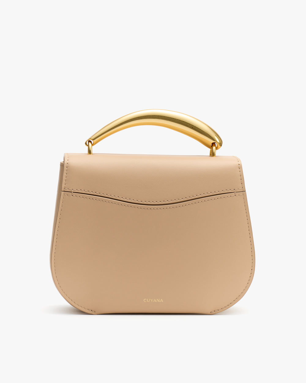 Handbag with rounded flap and curved metal handle