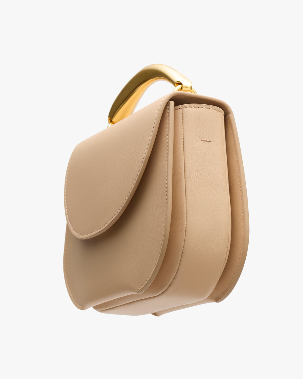 Structured handbag with a curved flap and a metallic handle.